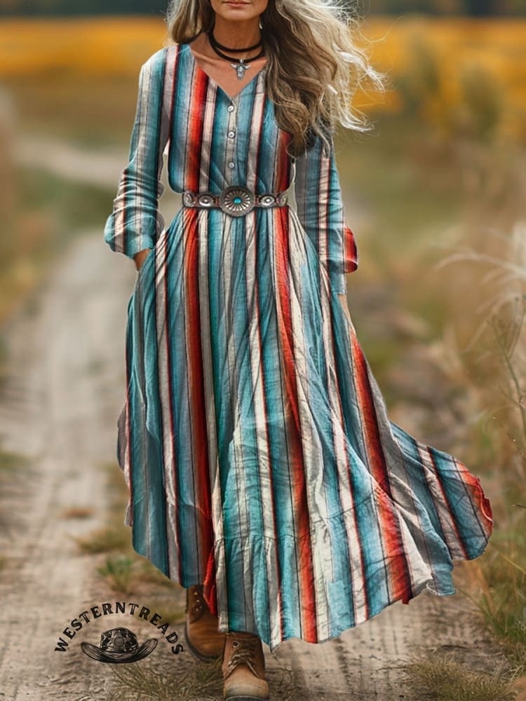 🔥Hot Sale🔥Women's Vintage Western Art Print Pocket Cotton Dress