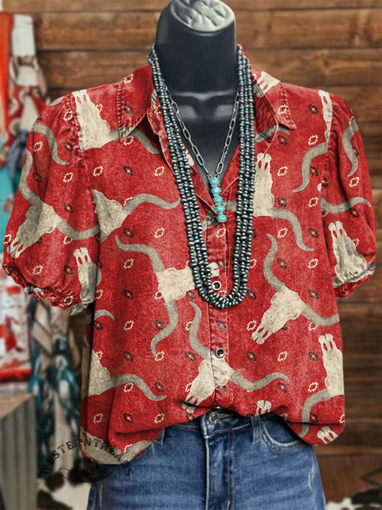 Women's vintage short-sleeve western shirt with retro print - lightweight casual top with cowboy-inspired style