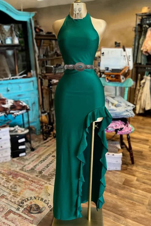 Women's Halter Neck Ruffled Hem Slit Fitted Dress