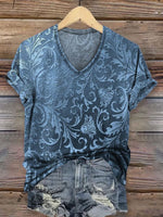 Women's Vintage Art Print V-neck Casual T-Shirt