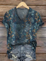 Women's Vintage Art Print V-neck Casual T-Shirt