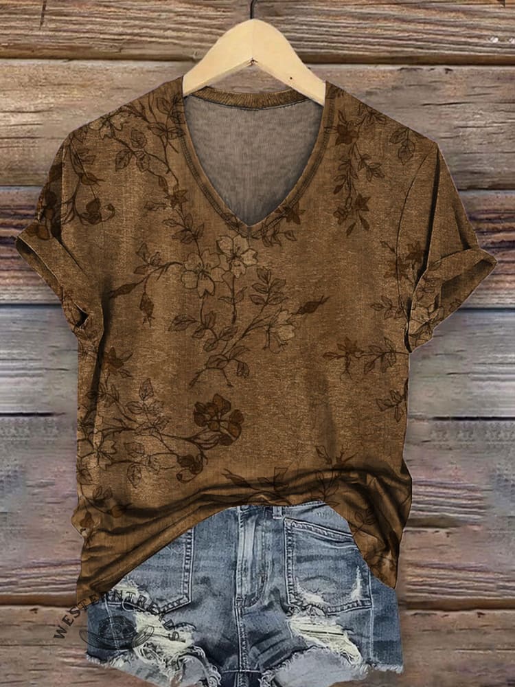 Women's Vintage Art V-neck Casual T-Shirt