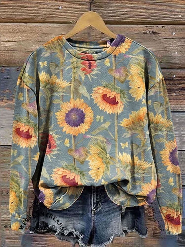 Women's Vintage Sunflower Art V-neck Casual T-Shirt