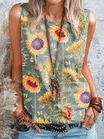 Women's Vintage Sunflower Art V-neck Casual T-Shirt