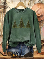 Retro Christmas Tree Art Print Casual Cotton Sweatshirt