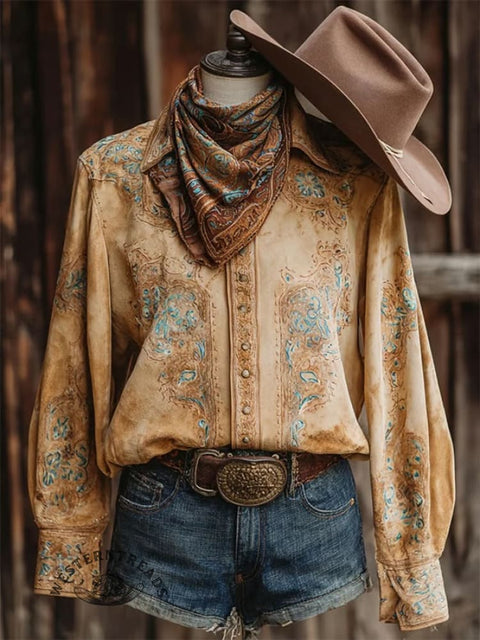 Women's Western Print Casual Linen V-neck Shirt