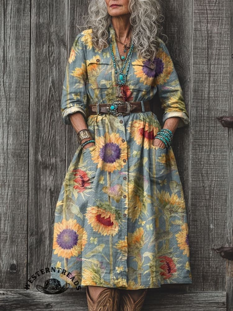 Women's Vintage Sunflower Art V-neck Casual T-Shirt