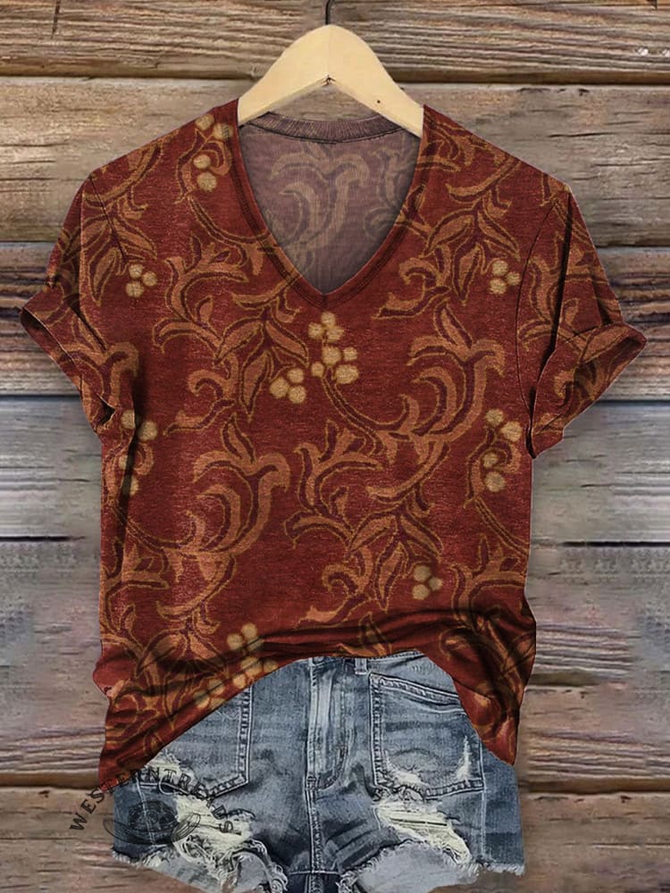 Women's Vintage Art V-neck Casual T-Shirt