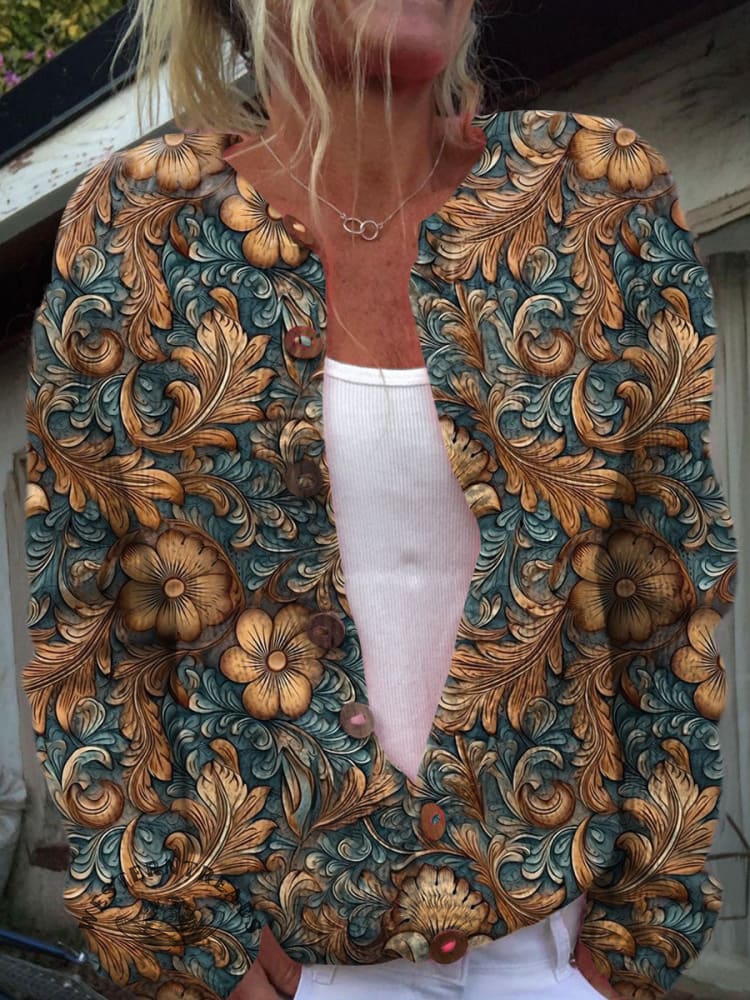 Vintage Art Print Buttoned Cardigan Sweater