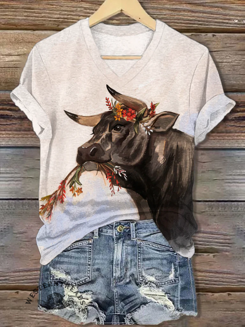 Women's Cow Print V-neck Casual T-Shirt