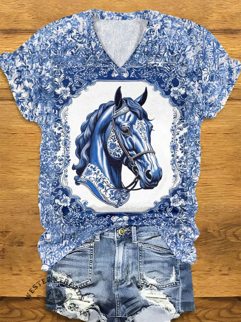 Women's Western Print V-neck Casual T-Shirt