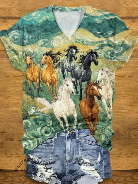 Women's Western Print V-neck Casual T-Shirt