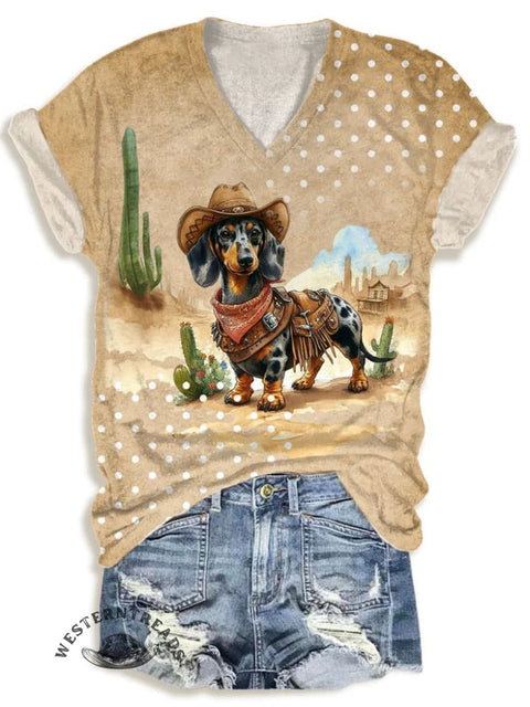 Women's Western Print V-neck Casual T-Shirt