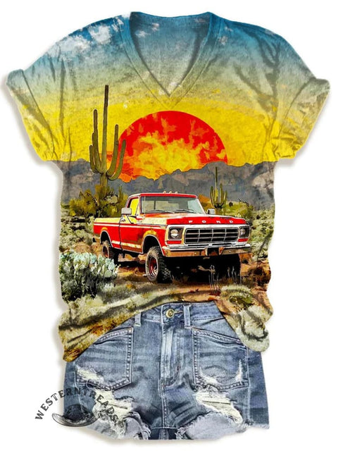 Women's Western Print V-neck Casual T-Shirt