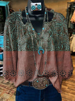 Women's Vintage Art Print Casual Linen V-neck Shirt