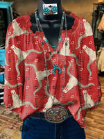 Women's Vintage Art Print Casual Linen V-neck Shirt