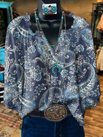 Women's Vintage Art Print Casual Linen V-neck Shirt