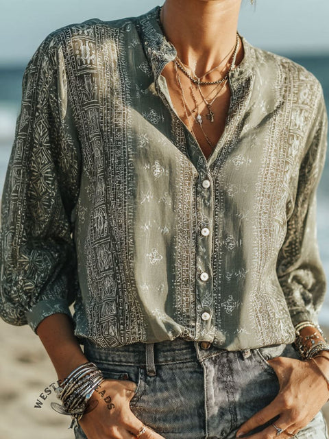 Women's Western Art Print Linen And Cotton V-neck Casual Shirt