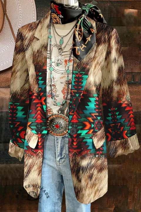 Women's Western Print 3/4 Sleeve Casual Blazer