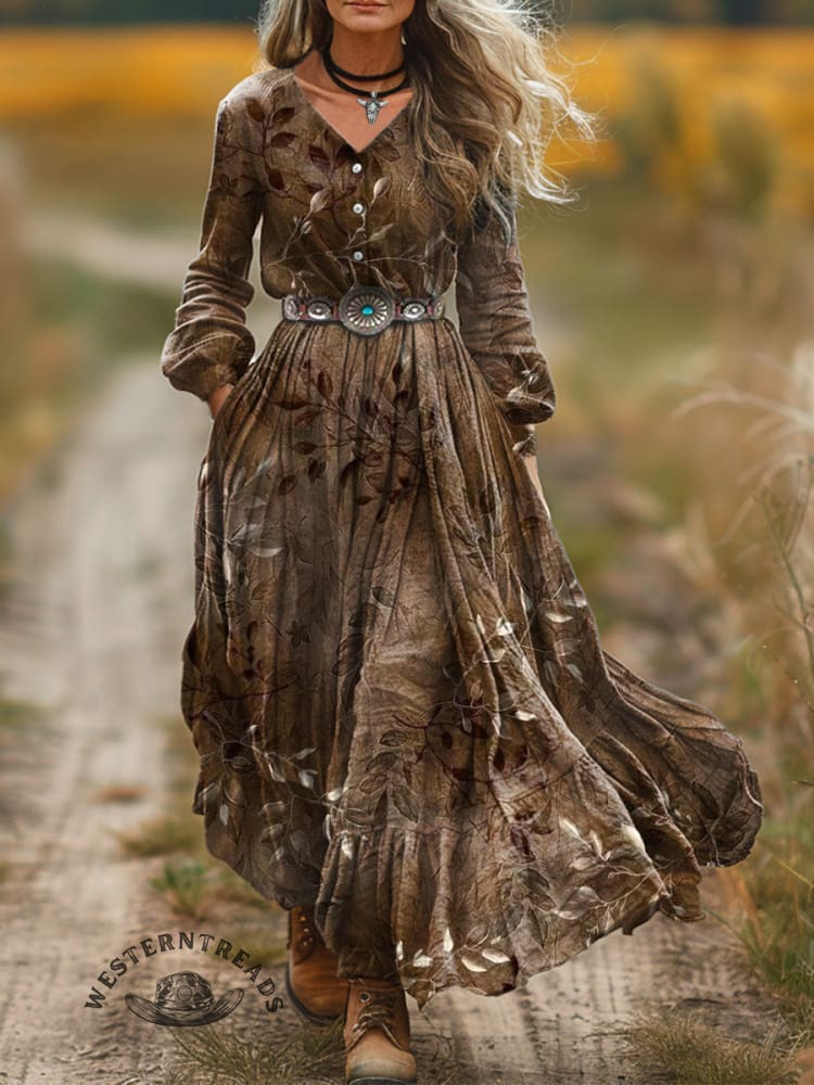 Women's Vintage Art Print V-Neck Button Pocket Cotton Dress