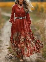 Women's Vintage Art Print V-Neck Button Pocket Cotton Dress