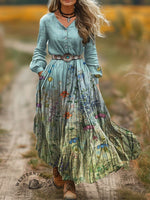 Women's Vintage Art Print V-Neck Button Pocket Cotton Dress