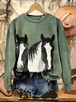 Vintage Horse Art Print Casual Cotton Sweatshirt