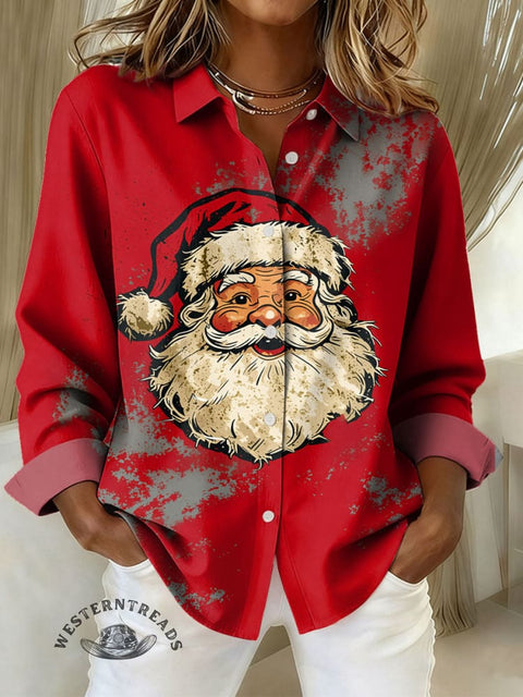 Women's Christmas Art Print Casual Cotton Shirt