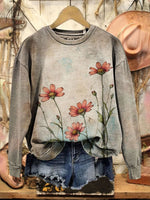 Vintage Art Flower Print Casual Cotton Sweatshirt