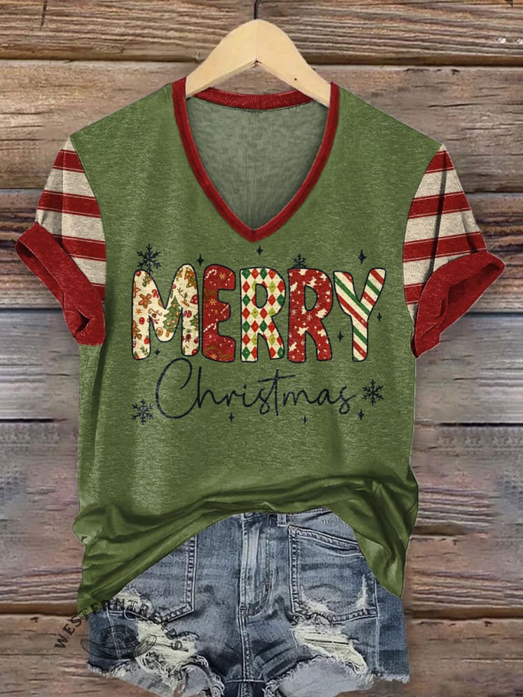Women's V-neck Vintage Christmas Art Print Casual T-Shirt