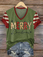 Women's V-neck Vintage Christmas Art Print Casual T-Shirt