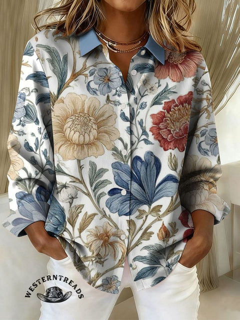 Women's Flower Art Print Casual Cotton Shirt