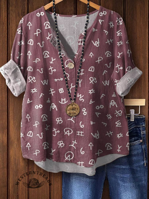 Women's Cattle Brands Print Casual Cotton Linen Shirt
