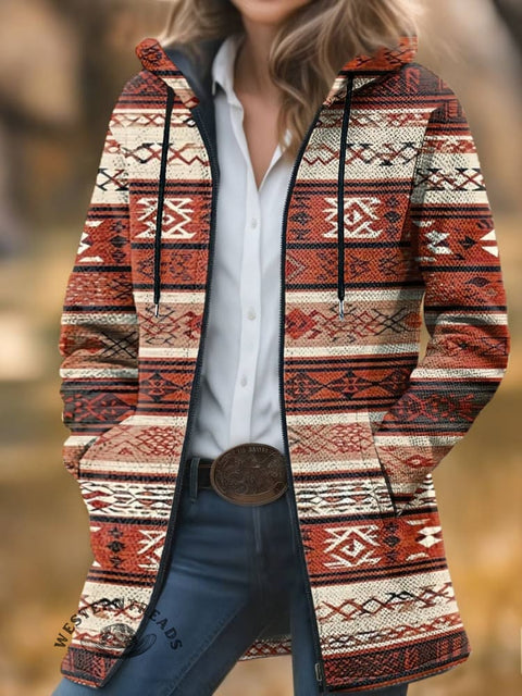 Aztec Print Unisex Plush Thick Long-Sleeved Cardigan Coat