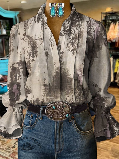 Women's Variegated Print Casual Cotton And Linen Shirt