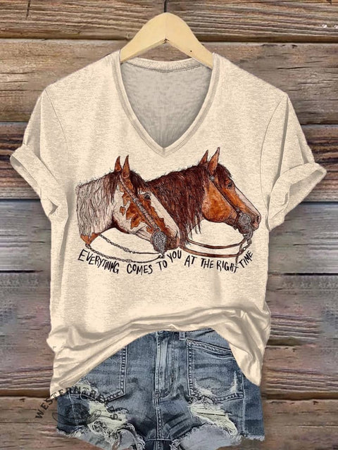 Women's Horse Art Print V-neck Casual T-Shirt