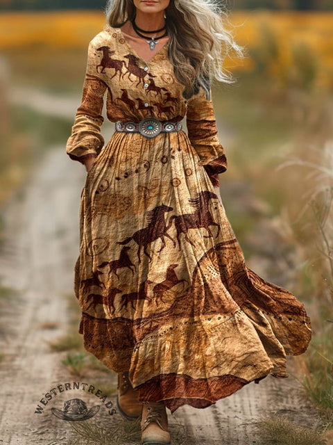 Women's Horse Art Print V-Neck Button Pocket Cotton Dress