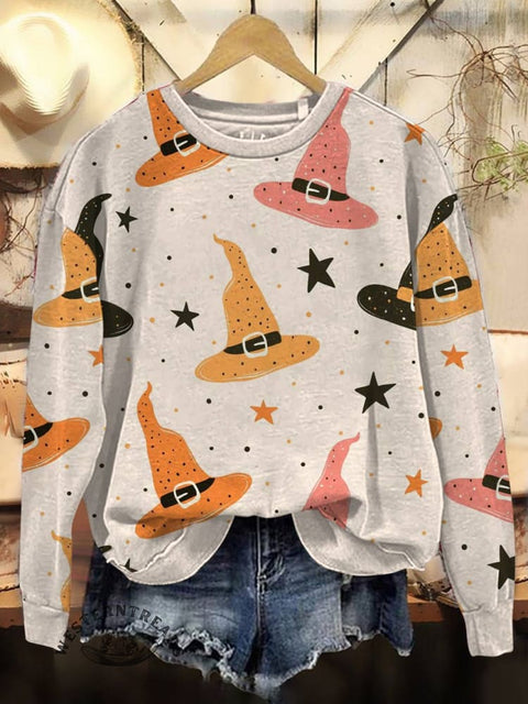 Hallowmas Witch Hat Print Casual Cotton Sweatshirt