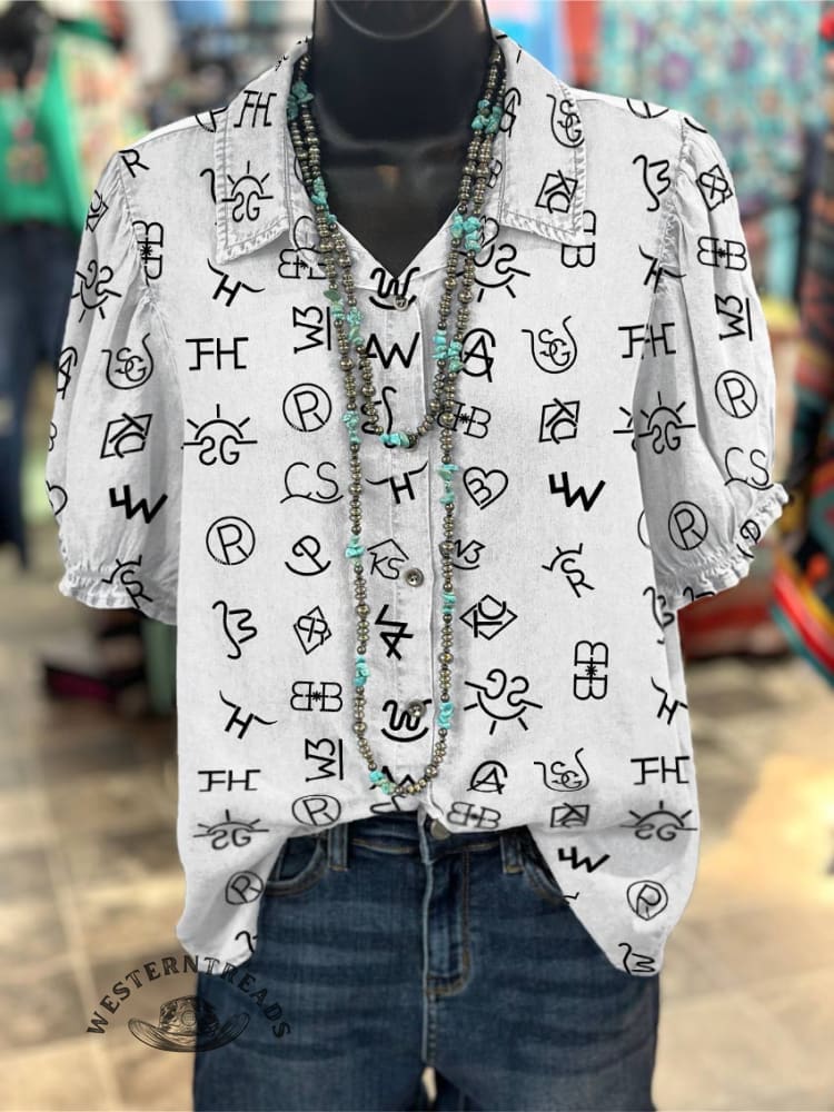 Women's Cattle Brands Print Casual Cotton Shirt