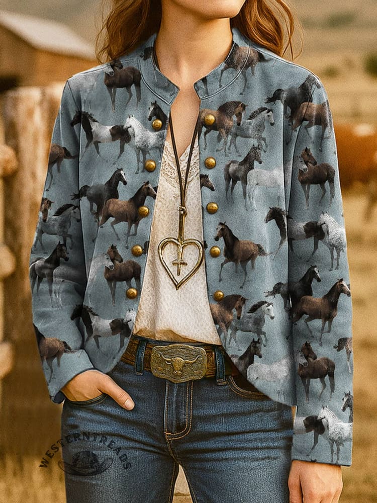 Women's Classic West Horse Art Print Casual Jacket