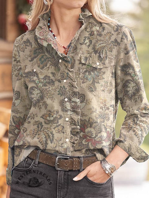 Women's Floral Print Casual Long Sleeve Comfortable Cotton Shirt