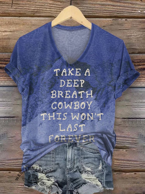 Women's Cowboy Print V-neck Casual T-Shirt