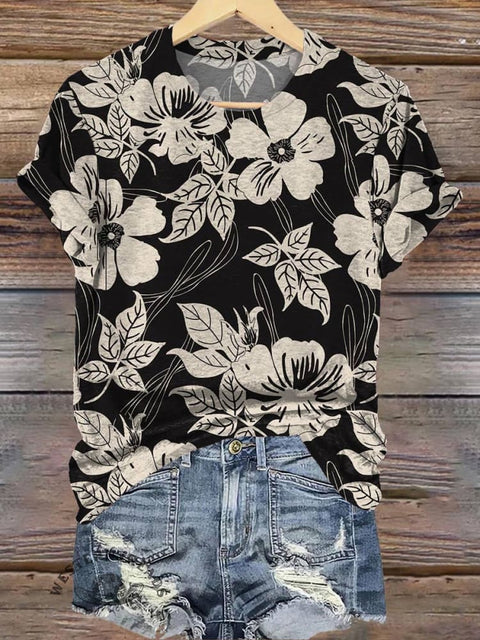 Black and Beige Flowers Print T-shirt