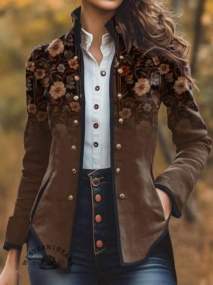 Women's Brown Floral Print Casual Jacket