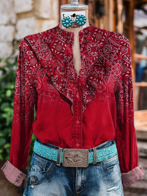 Women's Paisley Print Casual Cotton And Linen Shirt