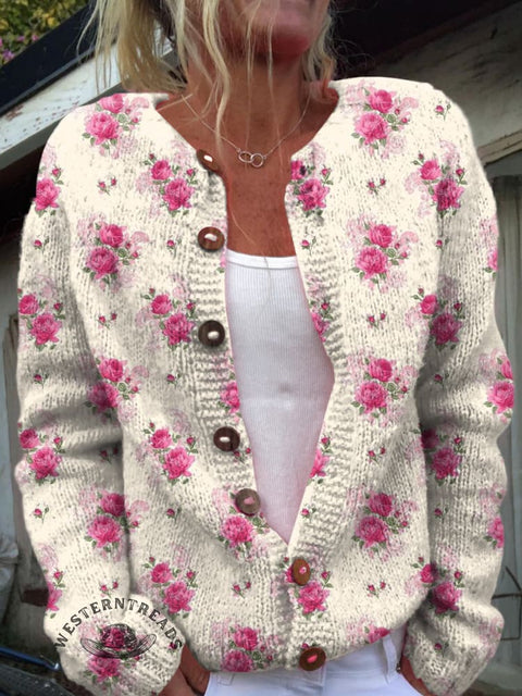 Watercolor French Rose Repeat Pattern Print Buttoned Cardigan Sweater