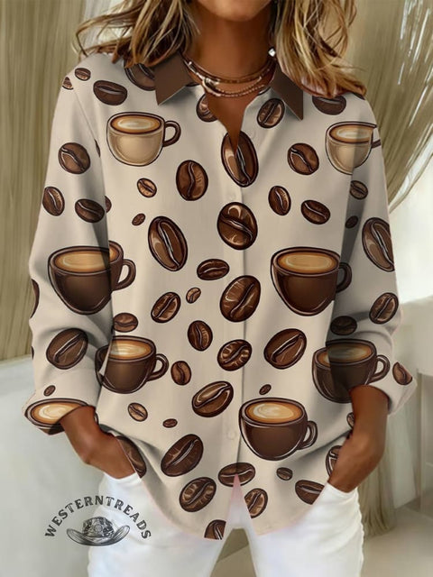 Women's Coffee Print Casual Cotton Shirt