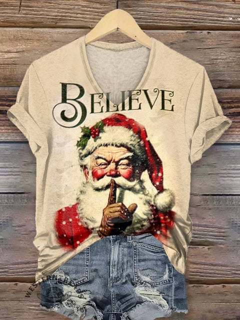 Christmas Print Women's V-neck Casual T-Shirt
