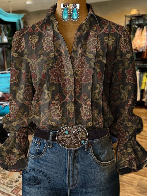 Women's Paisley Print Casual Cotton And Linen Shirt