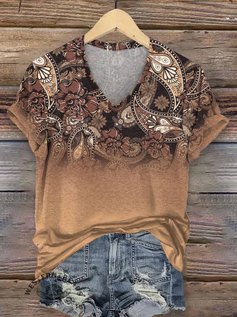 Women's Paisley V-neck Casual T-Shirt